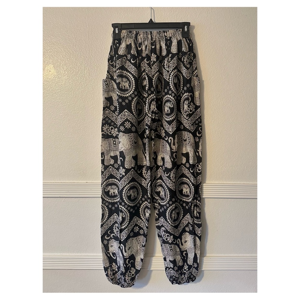 boho drawstring smocked waist elephant print pants - Picture 2 of 3